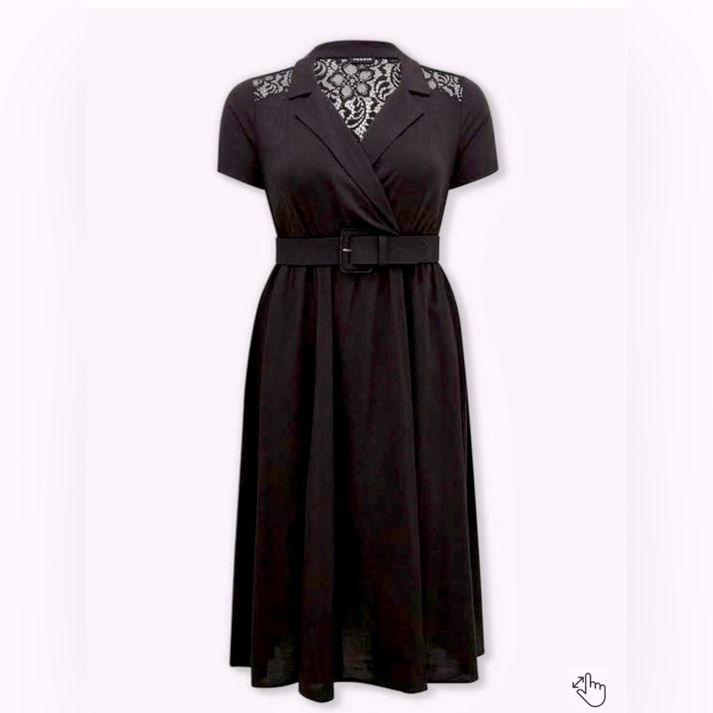 Torrid Black Stretch Challis Lace Midi Shirt Dress Size 2 Buttons Short Sleeve